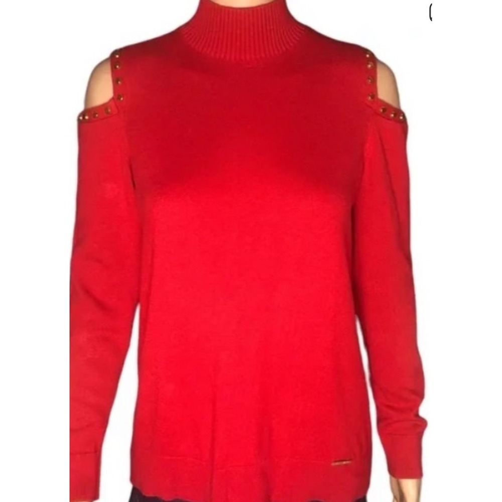 MICHAEL KORS Holiday Red Cold Shoulder Gold Studded  mockneck Sweater Women's SM